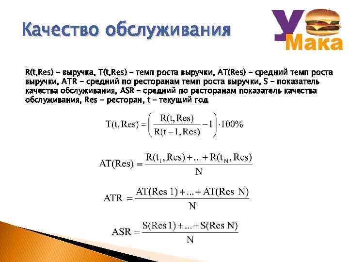 Качество обслуживания R(t, Res) – выручка, T(t, Res) – темп роста выручки, AT(Res) –