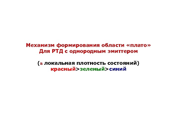 Механизм формирования области «плато» Для РТД с однородным эмиттером (в локальная плотность состояний) красный>зеленый>синий