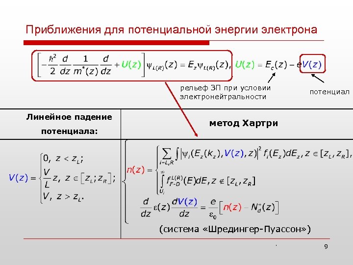 Приближения для потенциальной энергии электрона рельеф ЗП при условии электронейтральности Линейное падение потенциала: потенциал