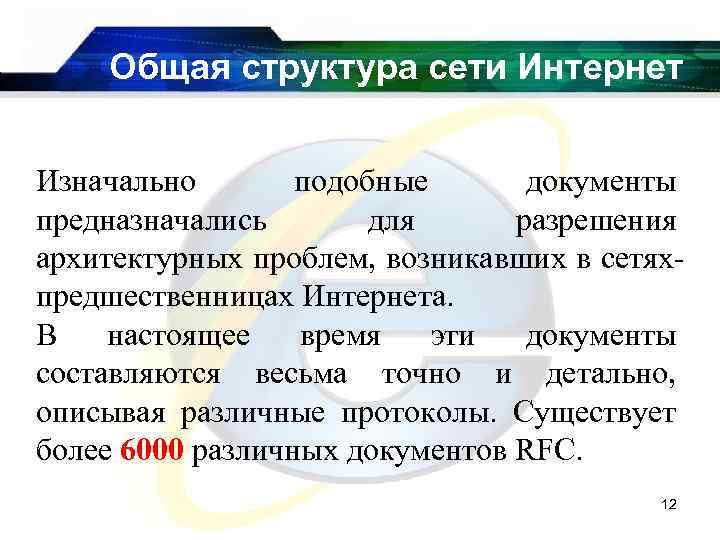 Общая структура сети Интернет Изначально подобные документы предназначались для разрешения архитектурных проблем, возникавших в