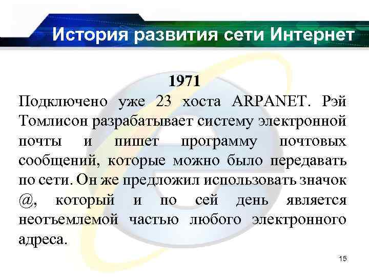 История развития сети Интернет 1971 Подключено уже 23 хоста ARPANET. Рэй Томлисон разрабатывает систему