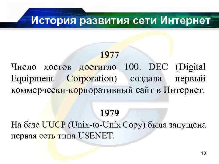 История развития сети Интернет 1977 Число хостов достигло 100. DEC (Digital Equipment Corporation) создала