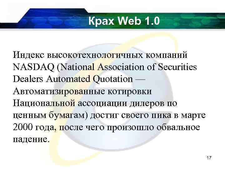 Крах Web 1. 0 Индекс высокотехнологичных компаний NASDAQ (National Association of Securities Dealers Automated