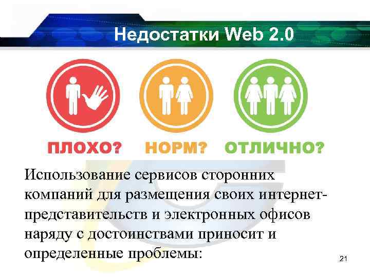 Недостатки Web 2. 0 Использование сервисов сторонних компаний для размещения своих интернетпредставительств и электронных