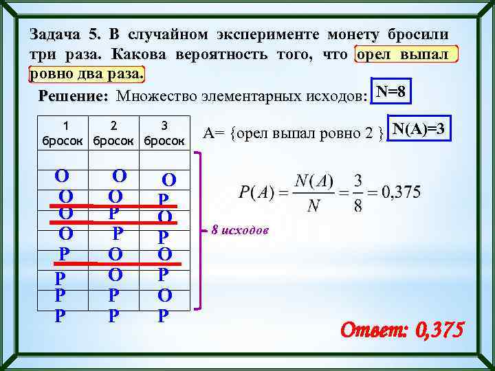 Задача 5. В случайном эксперименте монету бросили три раза. Какова вероятность того, что орел