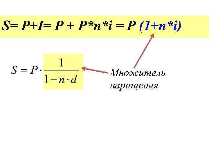S= P+I= Р + P*n*i = P (1+n*i) Множитель наращения 