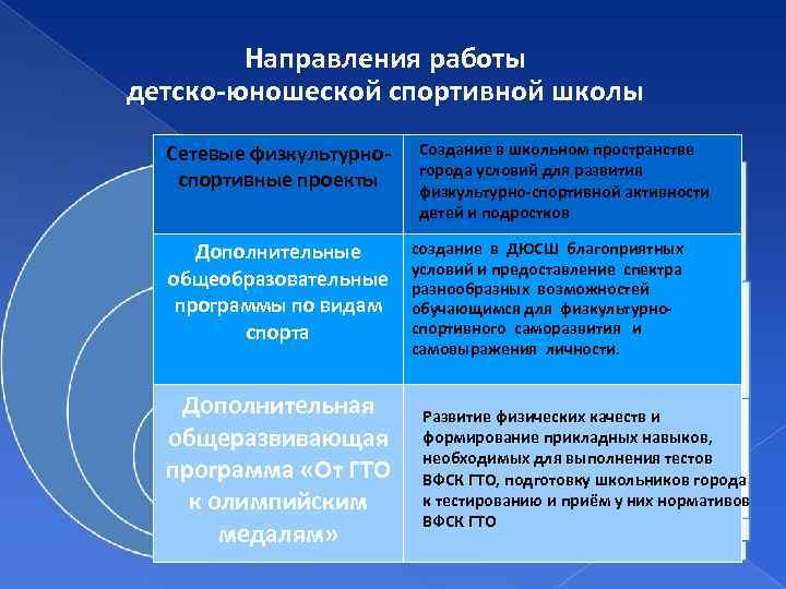 Направления работы детско-юношеской спортивной школы Сетевые физкультурноспортивные проекты Дополнительные общеобразовательные программы по видам спорта