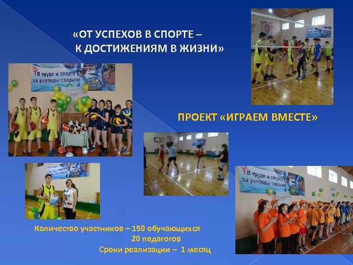  «ОТ УСПЕХОВ В СПОРТЕ – К ДОСТИЖЕНИЯМ В ЖИЗНИ» ПРОЕКТ «ИГРАЕМ ВМЕСТЕ» Количество
