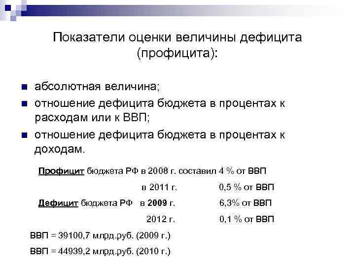 Показатели оценки величины дефицита (профицита): n n n абсолютная величина; отношение дефицита бюджета в