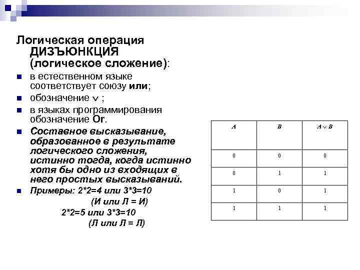 Логическая операция ДИЗЪЮНКЦИЯ (логическое сложение): n n n в естественном языке соответствует союзу или;