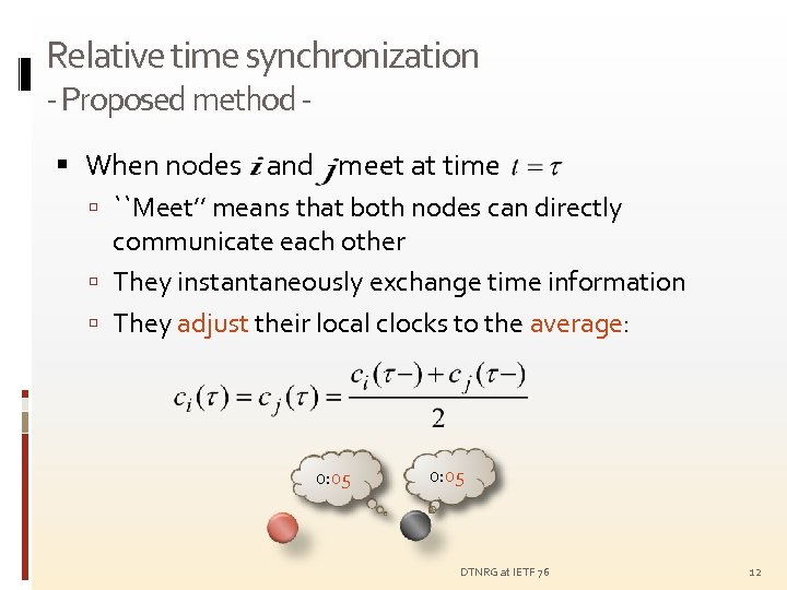 Relative time synchronization - Proposed method - When nodes and meet at time ``Meet’’
