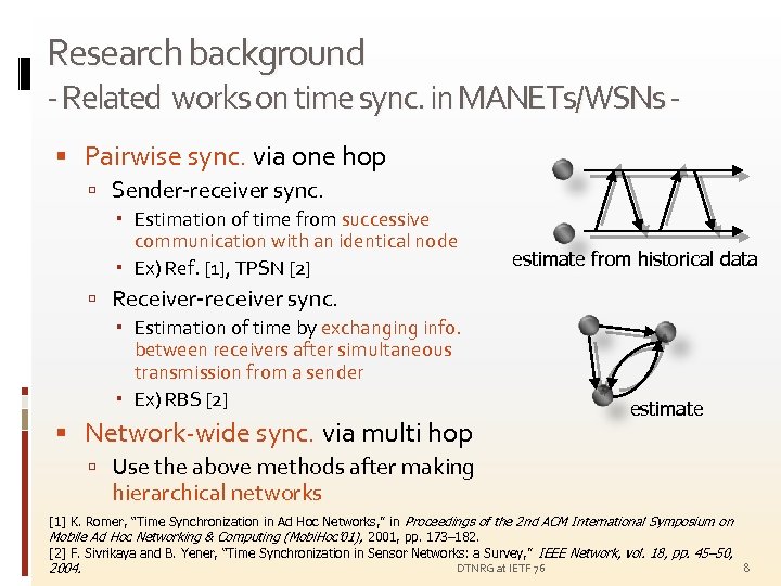 Research background - Related works on time sync. in MANETs/WSNs Pairwise sync. via one