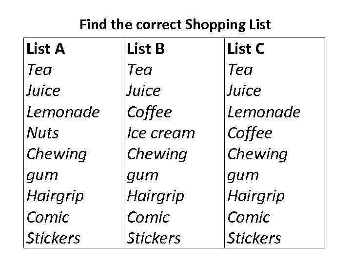 Find the correct Shopping List A Tea Juice Lemonade Nuts Chewing gum Hairgrip Comic