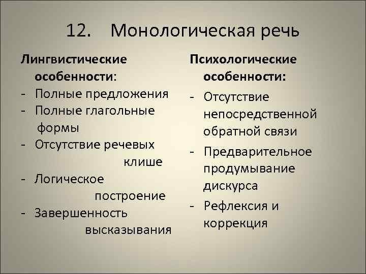 12. Монологическая речь Лингвистические особенности: - Полные предложения - Полные глагольные формы - Отсутствие