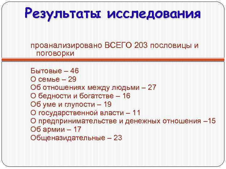 Результаты исследования проанализировано ВСЕГО 203 пословицы и поговорки Бытовые – 46 О семье –