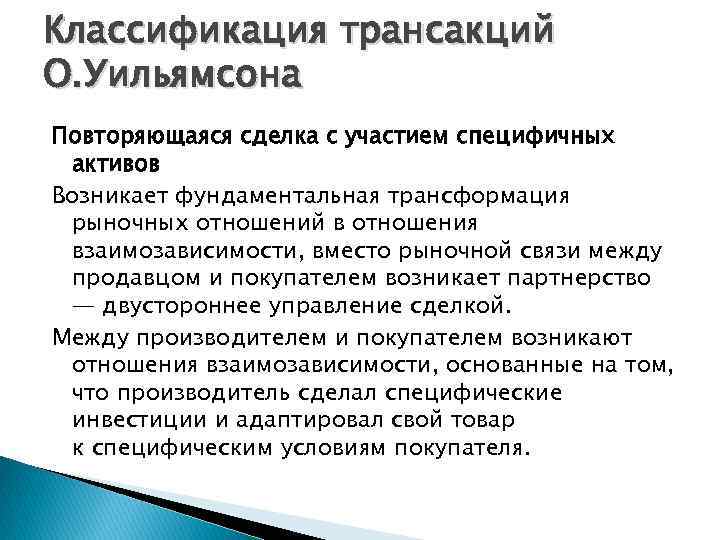 Классификация трансакций О. Уильямсона Повторяющаяся сделка с участием специфичных активов Возникает фундаментальная трансформация рыночных