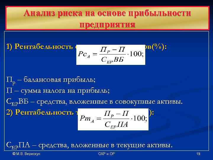 Анализ риска на основе прибыльности предприятия 1) Рентабельность совокупных активов(%): Пр – балансовая прибыль;