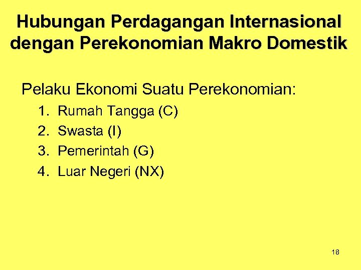 Hubungan Perdagangan Internasional dengan Perekonomian Makro Domestik Pelaku Ekonomi Suatu Perekonomian: 1. 2. 3.