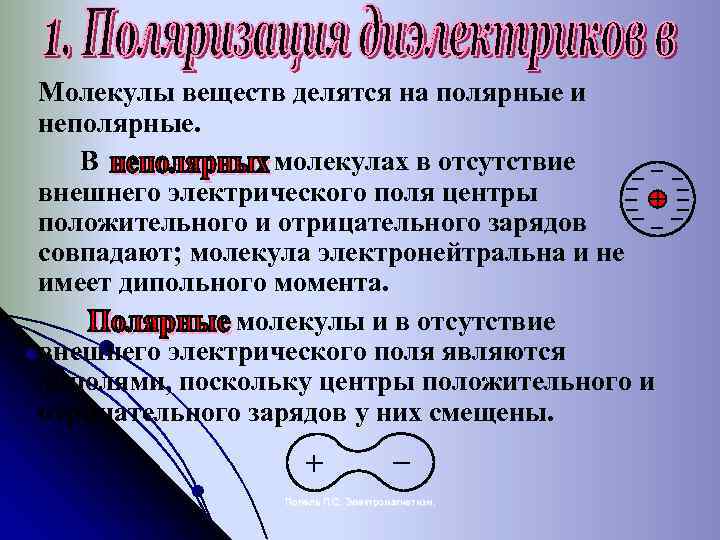 Молекулы веществ делятся на полярные и неполярные. В молекулах в отсутствие внешнего электрического поля