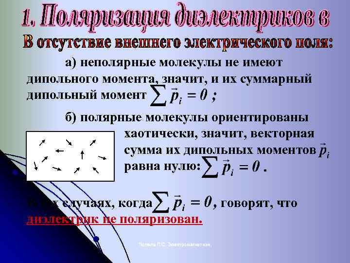 а) неполярные молекулы не имеют дипольного момента, значит, и их суммарный дипольный момент б)