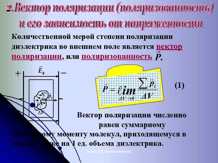 Количественной мерой степени поляризации диэлектрика во внешнем поле является вектор поляризации, или поляризованность +