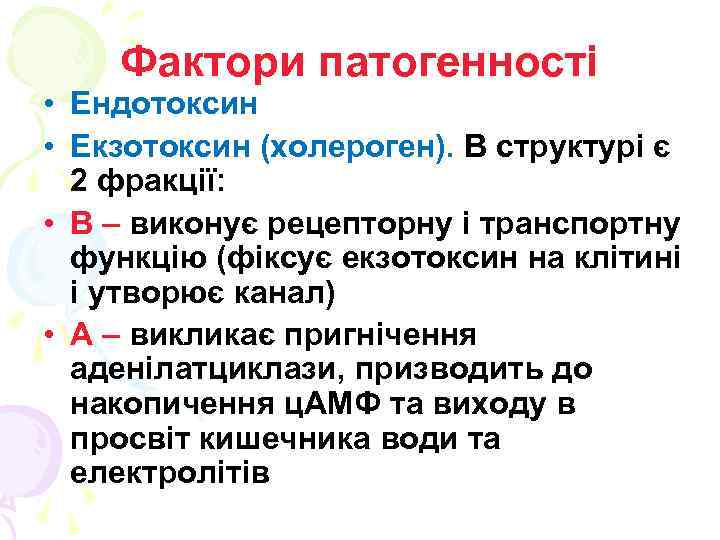 Фактори патогенності • Ендотоксин • Екзотоксин (холероген). В структурі є 2 фракції: • В