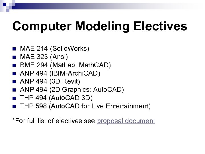 Computer Modeling Electives n n n n MAE 214 (Solid. Works) MAE 323 (Ansi)