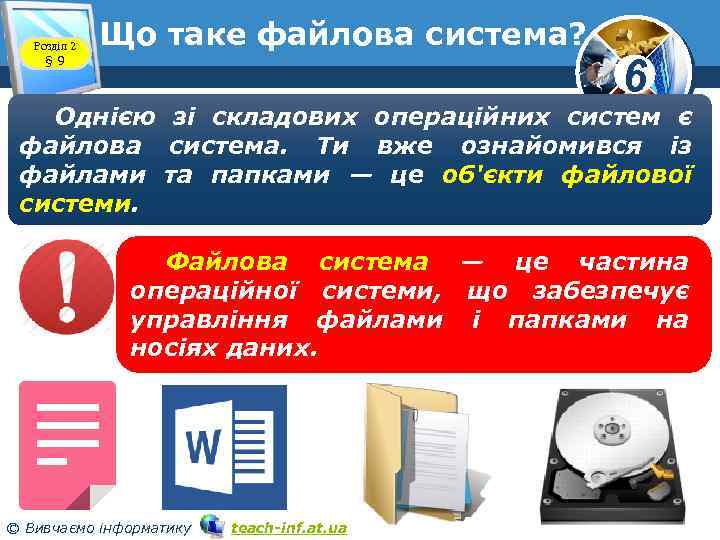 Розділ 2 § 9 Що таке файлова система? 6 Однією зі складових операційних систем