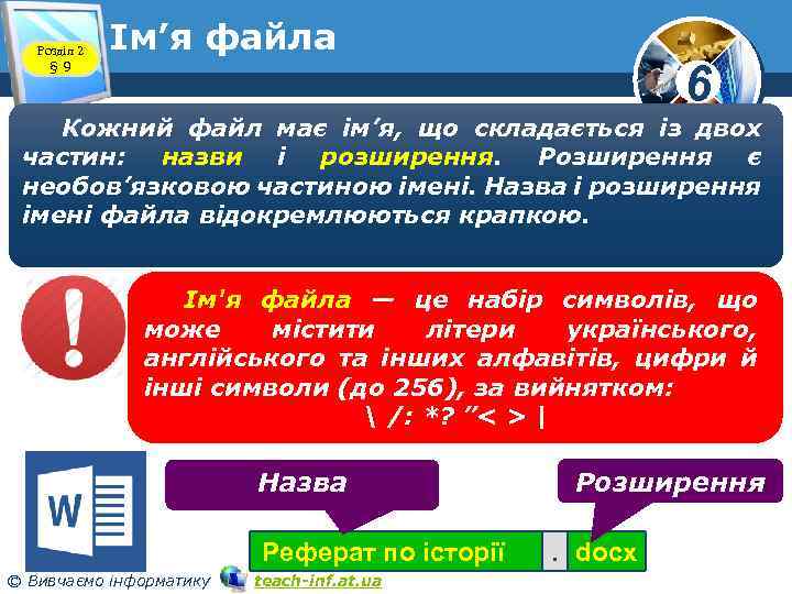 Розділ 2 § 9 Ім’я файла 6 www. teach-inf. at. ua Кожний файл має