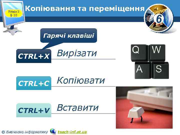 Розділ 2 § 10 Копіювання та переміщення 6 Гарячі клавіші CTRL+X Вирізати CTRL+C Копіювати