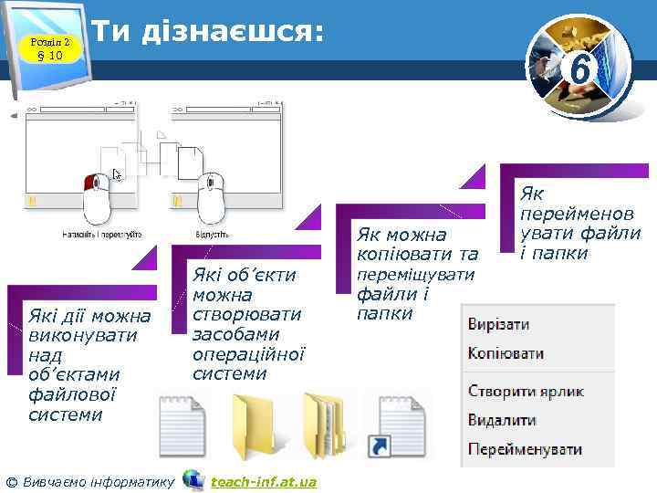 Розділ 2 § 10 Ти дізнаєшся: Які дії можна виконувати над об’єктами файлової системи