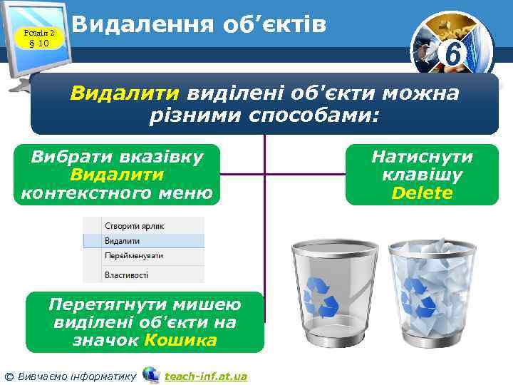 Розділ 2 § 10 Видалення об’єктів 6 Видалити виділені об'єкти можна різними способами: Вибрати