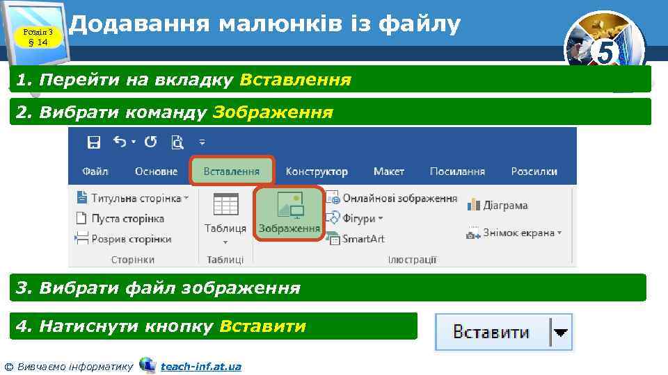 Розділ 3 § 14 Додавання малюнків із файлу 1. Перейти на вкладку Вставлення 2.
