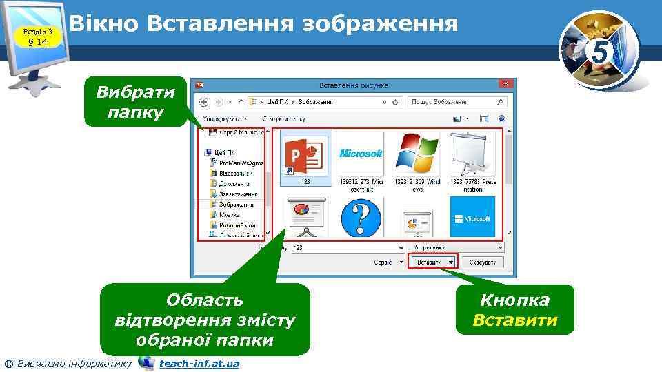 Розділ 3 § 14 Вікно Вставлення зображення 5 Вибрати папку Область відтворення змісту обраної