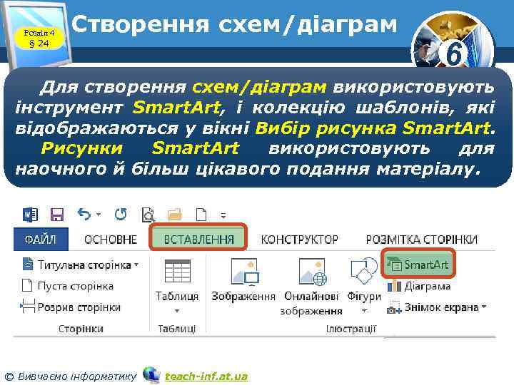Розділ 4 § 24 Створення схем/діаграм 6 Для створення схем/діаграм використовують інструмент Smart. Art,