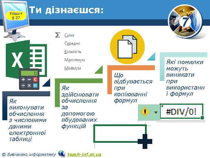 Розділ 4 § 27 Ти дізнаєшся: Як виконувати обчислення з числовими даними електронної таблиці