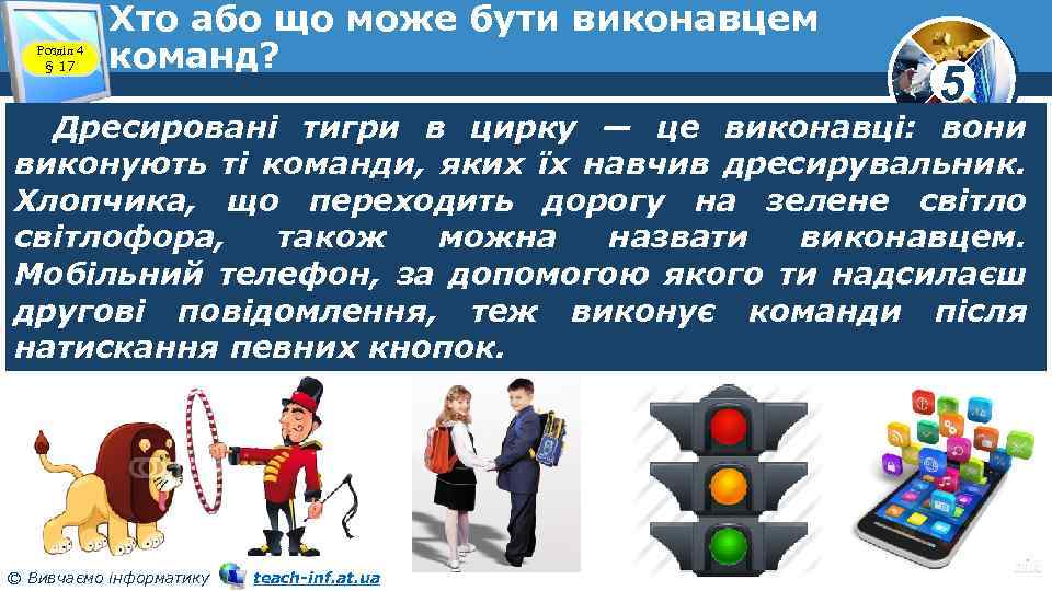 Розділ 4 § 17 Хто або що може бути виконавцем команд? 5 Дресировані тигри