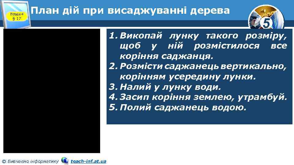 Розділ 4 § 17 План дій при висаджуванні дерева 5 1. Викопай лунку такого