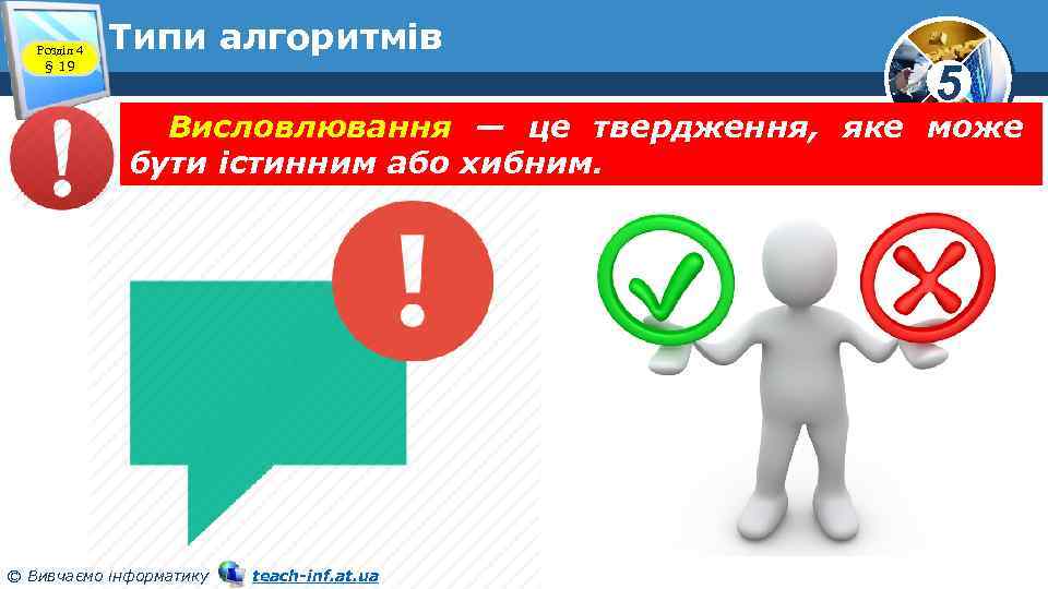 Розділ 4 § 19 Типи алгоритмів 5 Висловлювання — це твердження, яке може бути