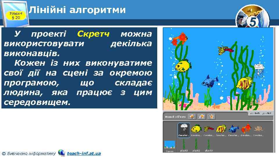 Розділ 4 § 20 Лінійні алгоритми У проекті Скретч можна використовувати декілька виконавців. Кожен