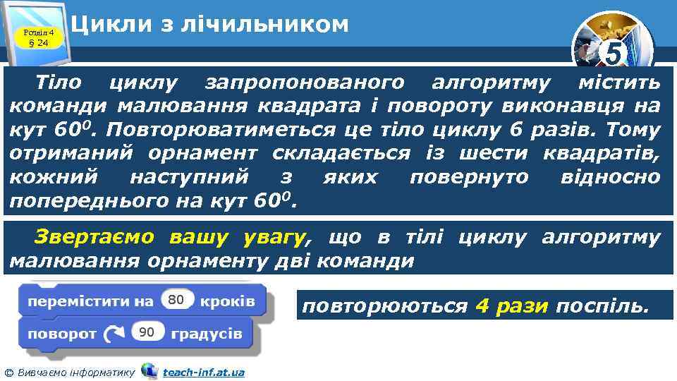 Розділ 4 § 24 Цикли з лічильником 5 Тіло циклу запропонованого алгоритму містить команди