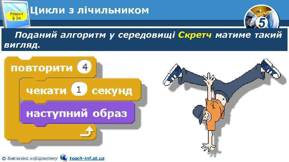 Розділ 4 § 24 Цикли з лічильником 5 Поданий алгоритм у середовищі Скретч матиме