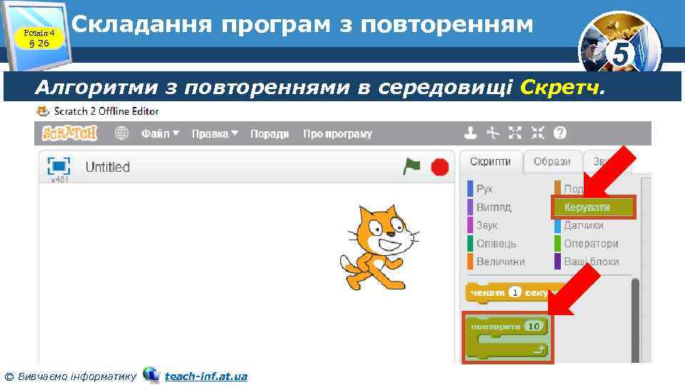 Розділ 4 § 26 Складання програм з повторенням Алгоритми з повтореннями в середовищі Скретч.