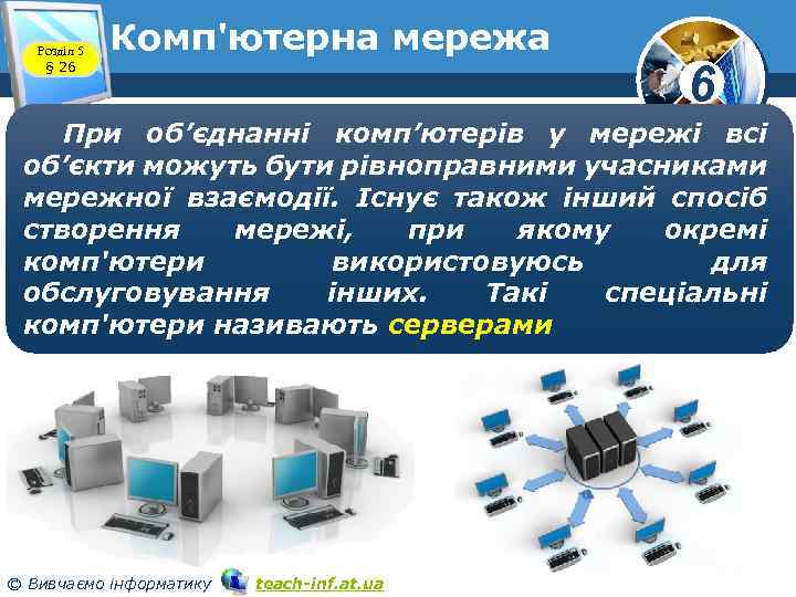 Розділ 5 § 26 Комп'ютерна мережа 6 При об’єднанні комп’ютерів у мережі всі об’єкти