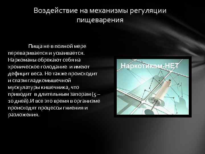 Воздействие на механизмы регуляции пищеварения Пища не в полной мере переваривается и усваивается. Наркоманы