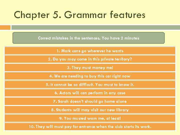 Chapter 5. Grammar features Correct mistakes in the sentences. You have 2 minutes 1.
