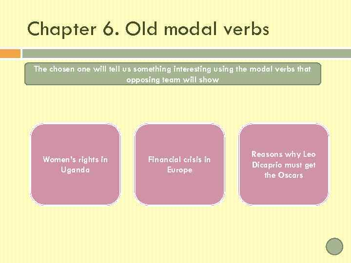 Chapter 6. Old modal verbs The chosen one will tell us something interesting using