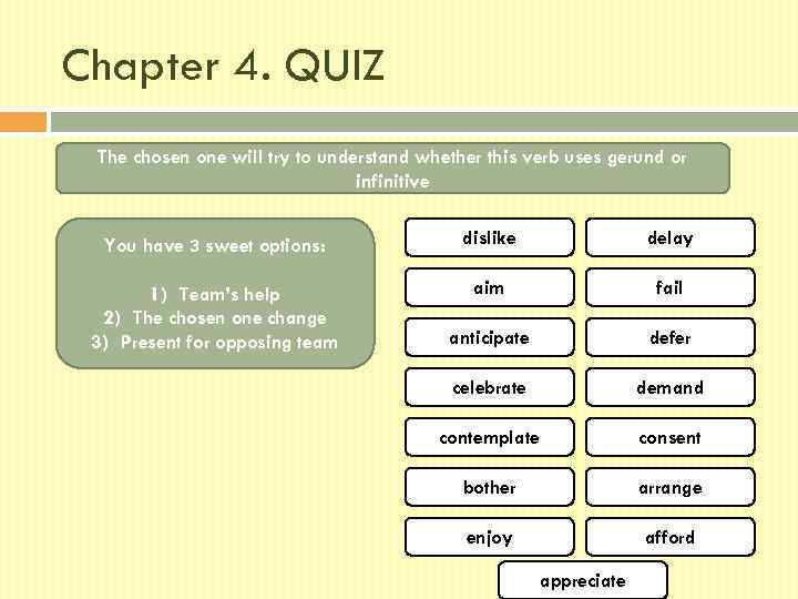 Chapter 4. QUIZ The chosen one will try to understand whether this verb uses