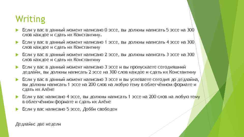 Writing Если у вас в данный момент написано 0 эссе, вы должны написать 5