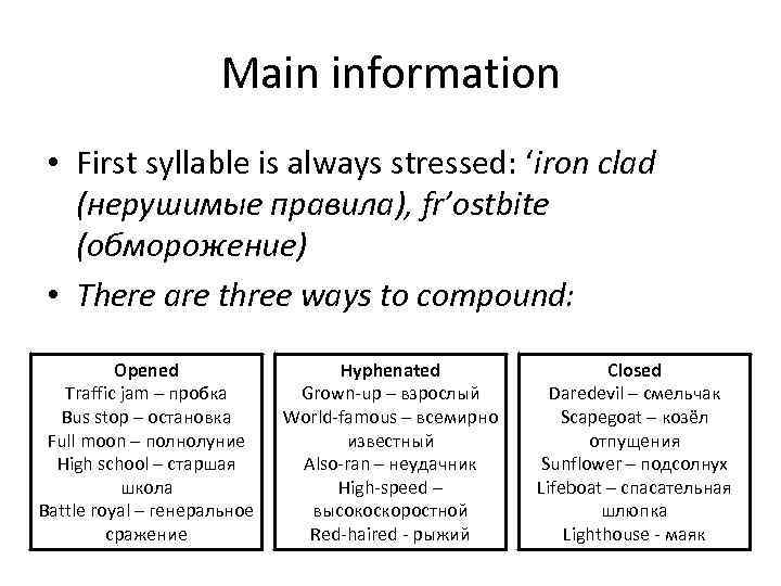 Main information • First syllable is always stressed: ‘iron clad (нерушимые правила), fr’ostbite (обморожение)